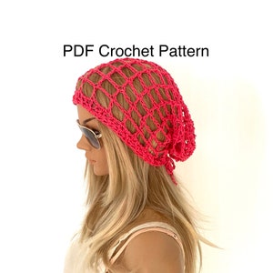 May include: A pink crochet hair scarf with a grid pattern. The scarf is tied at the back of the head.  PDF Crochet Pattern.