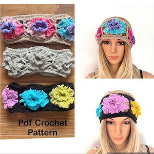 May include: Three crocheted headbands with floral designs. The headbands are in beige, gray, and black. The floral designs are in pink, blue, and yellow. The image also includes the text "Pdf Crochet Pattern".
