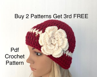 Large Flower Hat Pattern, women hat Pdf hat US terms pattern, beginner modern easy quick beginner beanie caps diy learn to crochet knit hat