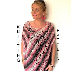 May include: A pink, black and white striped knitted top with a loose, draped fit. The top has a wide neckline and short sleeves. The text "KNITTING PATTERN" is visible on the side of the image.