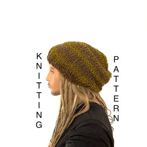 May include: A person wearing a brown and green knitted beanie with a textured pattern. The beanie is slouchy and has a relaxed fit.