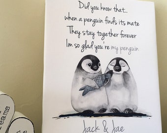 Regalo personalizado del día de san valentín del pingüino para la novia del novio 1er aniversario