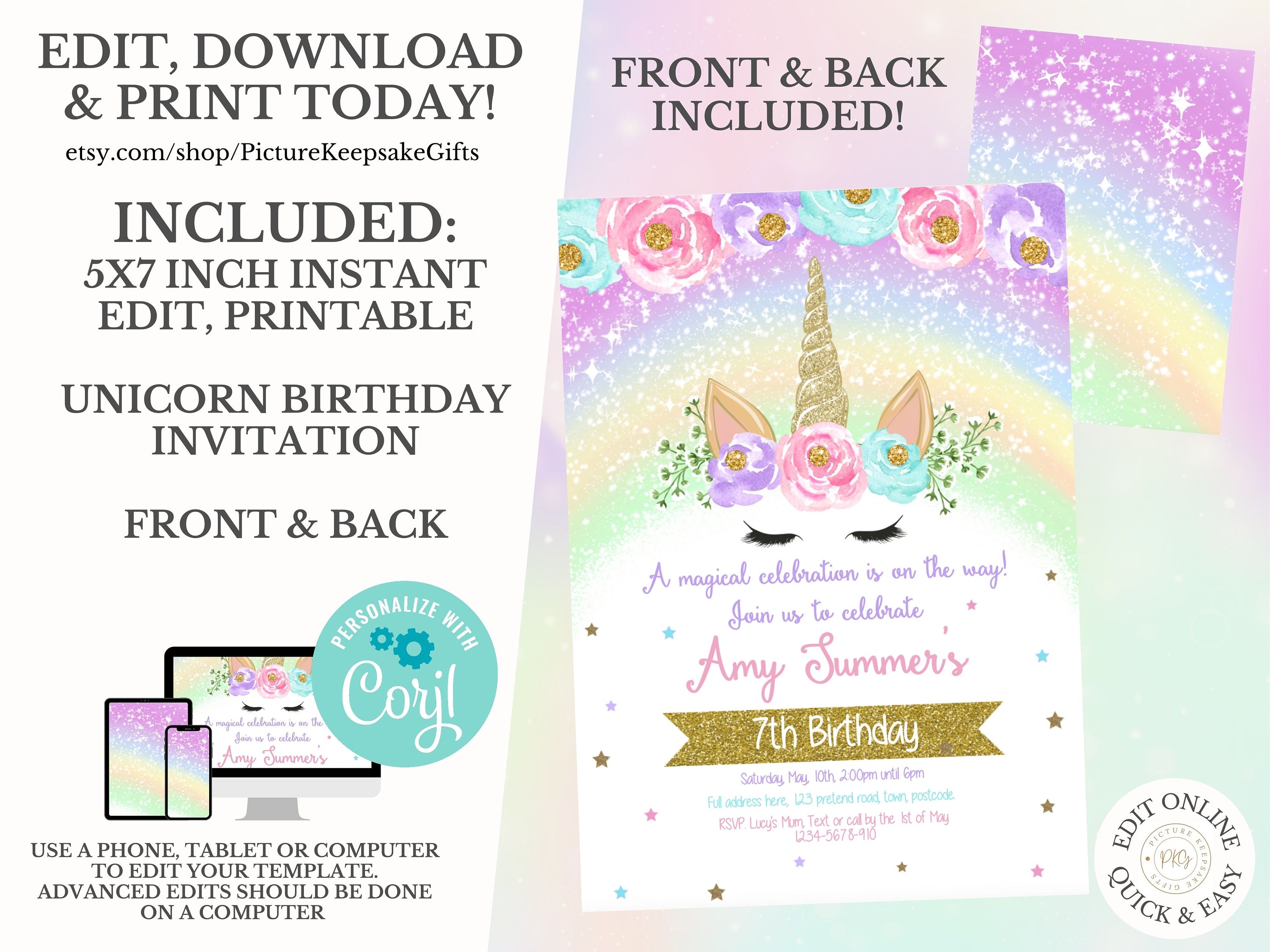rainbow unicorn birthday invitation editable rainbow