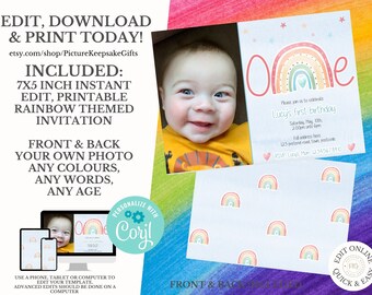 Modern Rainbow First Birthday Invitation | Editable Rainbow Invite|Printable Rainbow Birthday|Girls Birthday Invitation Template |Boho