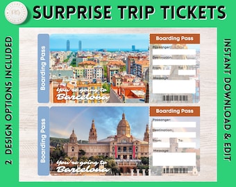 Printable Barcelona Surprise Gift Ticket | Barcelona Printable Boarding Pass | Personalised Present | Barcelona Vacation | Ticket | Flight
