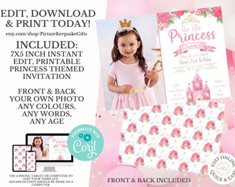 Princess Birthday Invitation, Pink and Gold Little Princess Invitations, first Gold Girl Invite, Instant Download Template Digital