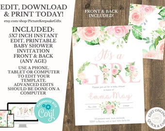 Invitation Blush Pink Floral Baby Shower Invitation It’s a girl Printable Baby Shower Invite Template, Sweet Girl Instant Download