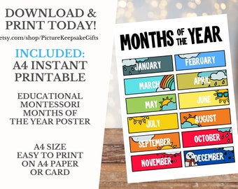 Months of the Year Printable · Montessori Education Poster · Seasons Homeschool Learning Print Nursery Colorful Classroom Art · DIGITAL FILE