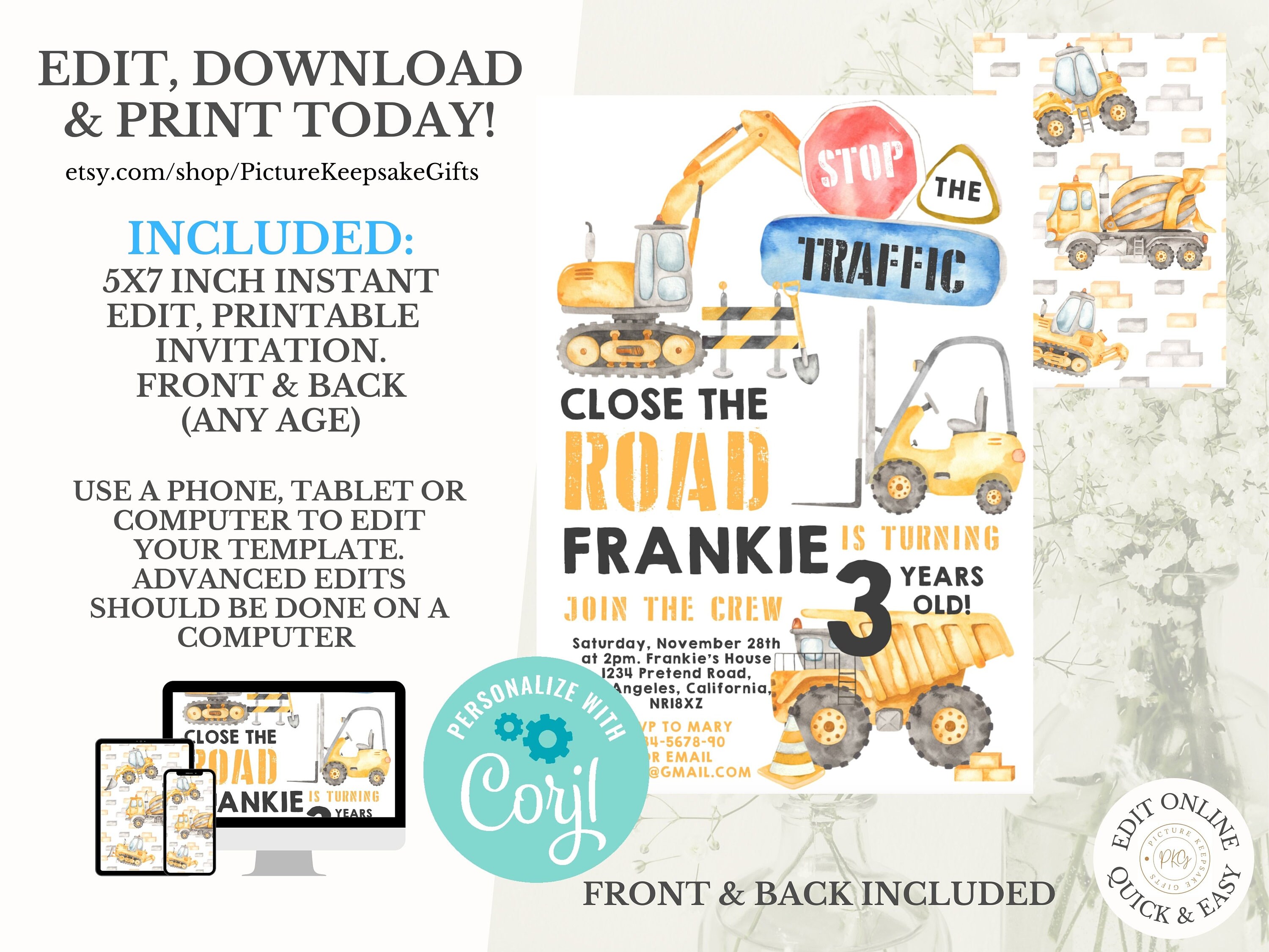 Editable Construction Invitation Construction Birthday Invitations Dump Truck Party Invite Printable template Digital Instant
