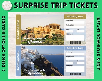 Printable GREECE Surprise Gift Ticket | GREECE Printable Boarding Pass | Editable Personalised Present | GREECE Vacation ticket | Flight