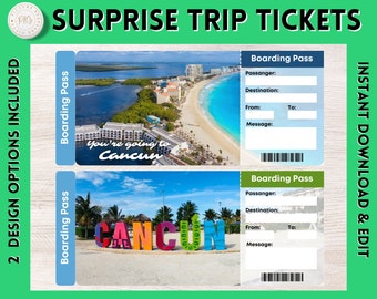 Printable CANCUN Surprise Gift Ticket | Printable CANCUN Boarding Pass | Editable Personalised Present Gift | Instant Download | Souvenir