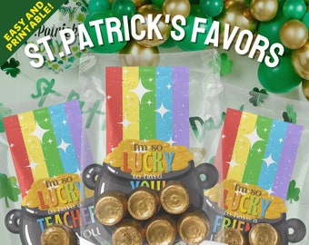 St Patricks Day Pot of Gold Rainbow Gift Tags, Instant Edit and Download, Class Treats, St Pattys Tags, St Patricks Gifts, Rainbow Favor Tag