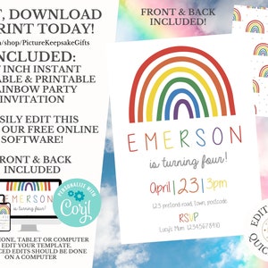Modern Rainbow First Birthday Invitation | Editable Rainbow Invite|Printable Rainbow Birthday|Girls Birthday Invitation Template |Boho