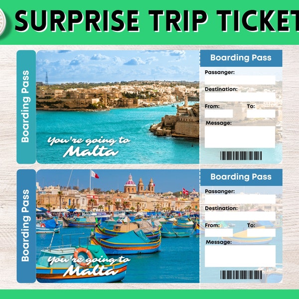 Printable MALTA Surprise Gift Ticket | MALTA Printable Boarding Pass | Editable Personalised Present | Malta Vacation ticket | MALTA Flight