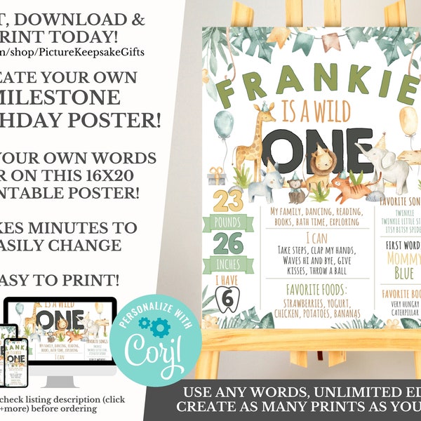 Wild One Milestone Birthday Poster, EDITABLE Safari First Birthday Chalkboard sign, Jungle 1st birthday poster Instant download template