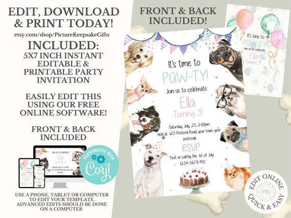 Editable Dog Birthday Party Invitation Puppy Birthday Invite Pink.