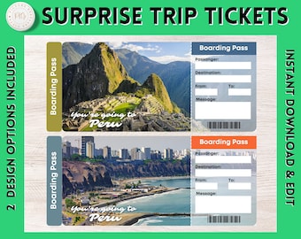 Printable PERU Surprise Gift Ticket | PERU Printable Boarding Pass | Editable Personalised Present Gift | PERU  Souvenir