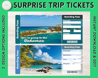 Printable BAHAMAS Surprise Gift Ticket | BAHAMAS Printable Boarding Pass | Editable Personalised Present | BAHAMAS Vacation ticket