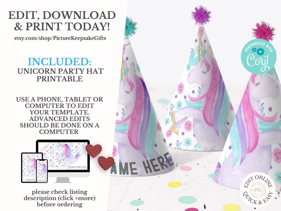 unicorn birthday hats party package unicorn printable etsy