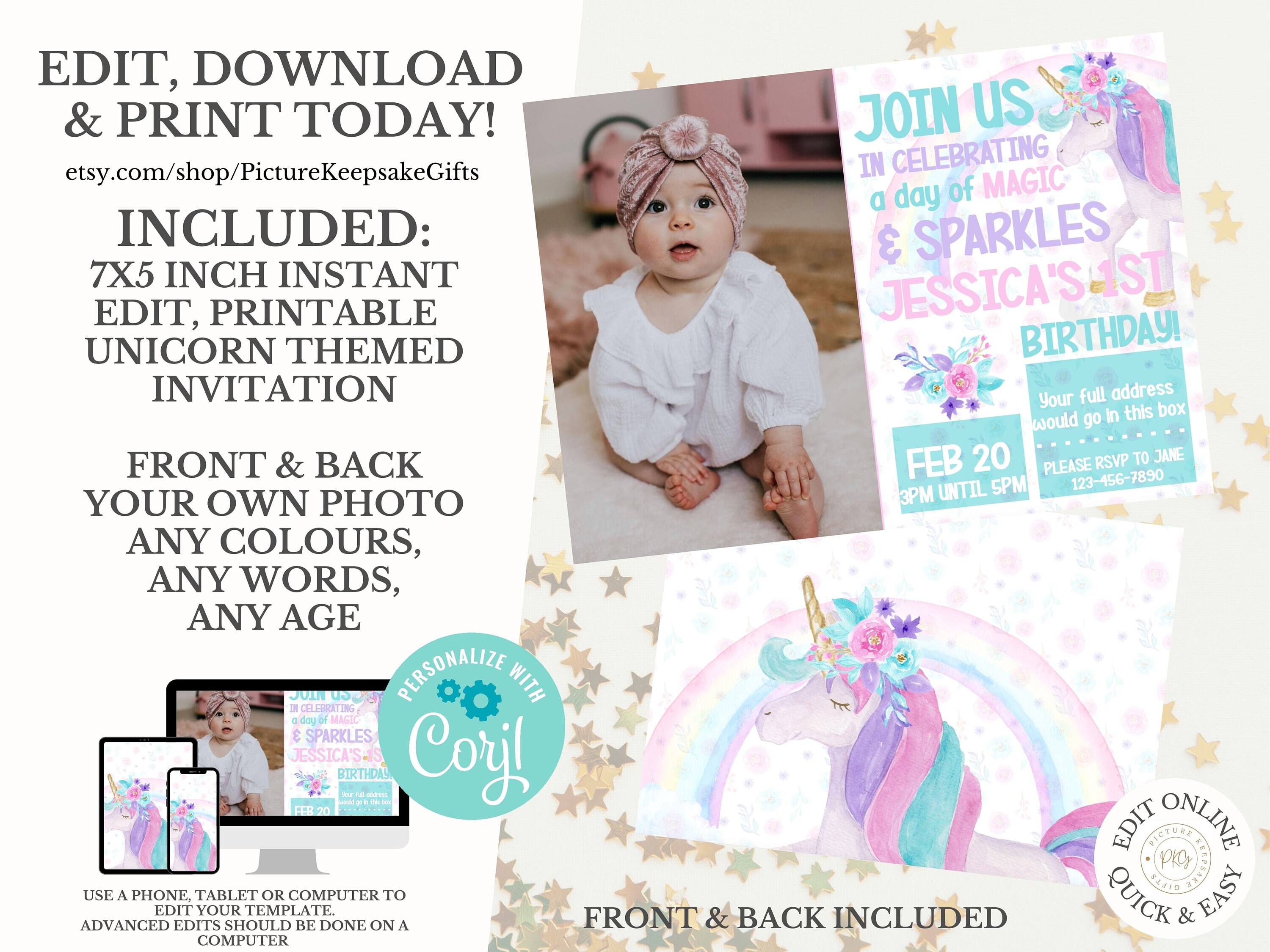 unicorn invitation editable photo unicorn party unicorn etsy
