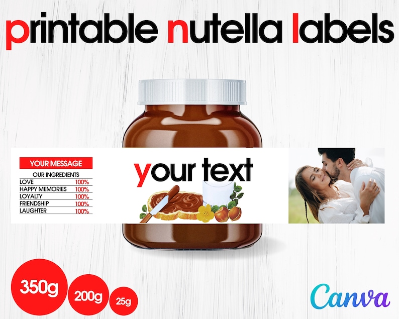 PRINTABLE Personalised NUTELLA Jar Label Digital File Nutella Label Printable Make UNLIMITED Nutella Labels Instant online Nutella Jar image 1