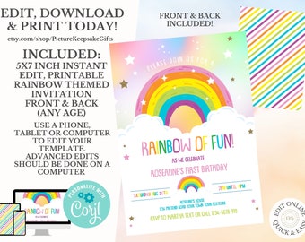 Modern Rainbow First Birthday Invitation | Editable Rainbow Invite|Printable Rainbow Birthday|Girls Birthday Invitation Template |Boho
