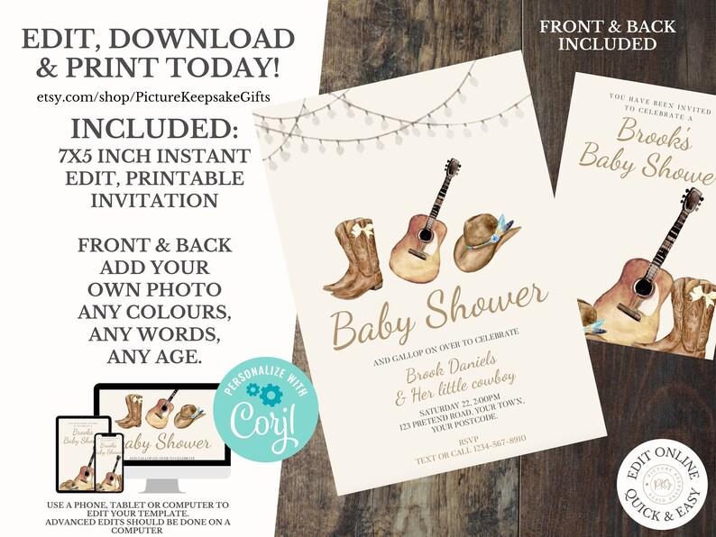 Wild West Baby Shower Invitation Instant Download Cowboy Baby Shower Template Editable Invitation Western Theme Digital Evite