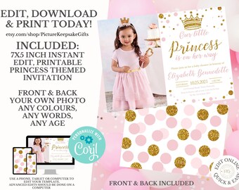 Princess Birthday Invitation, Pink and Gold Little Princess Invitations, first Gold Girl Invite, Instant Download Template Digital