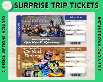 Printable Go Kart Racing Surprise Gift Ticket | Go Kart Racing Printable Boarding Pass |Admission Ticket | Go Kart Racing Vacation Ticket