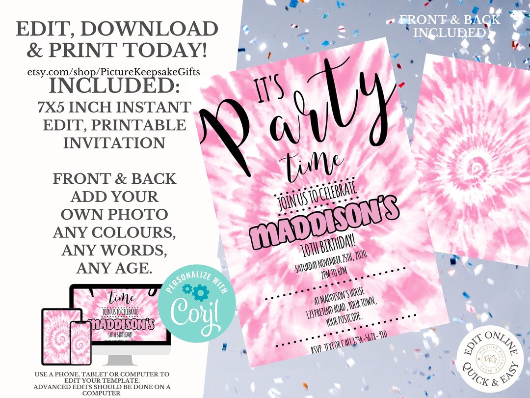 TIE DYE PARTY Invitation Instant Download Rainbow Tie Dye Birthday