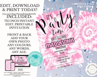 TIE DYE PARTY Invitation Instant Download Rainbow Tie Dye Birthday Invitations Editable Tie Dye Party Invitations Printable Tie-Dye Party