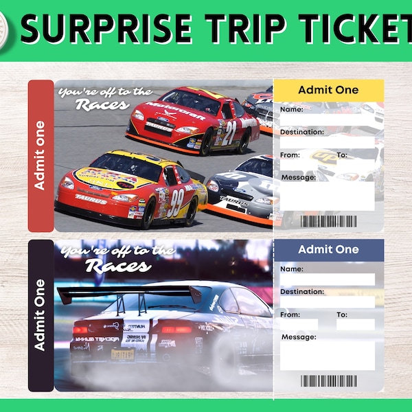 Printable Race Cars Surprise Gift Ticket | Racing Printable Boarding Pass | Cruise Ticket | Admission Ticket | Race Vacation Ticket