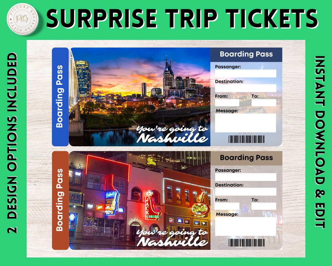 Printable NASHVILLE Surprise Gift Ticket NASHVILLE Printable Boarding Pass Editable Personalised