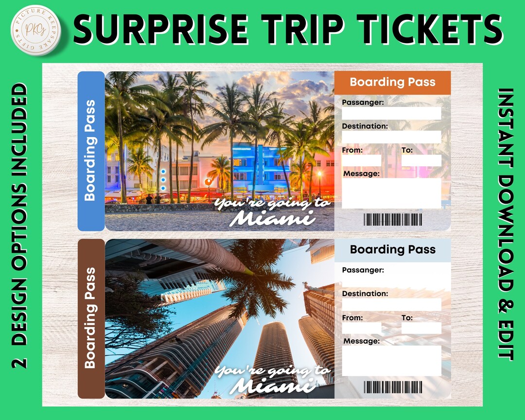 Printable MIAMI Surprise Gift Ticket MIAMI Printable Boarding Pass