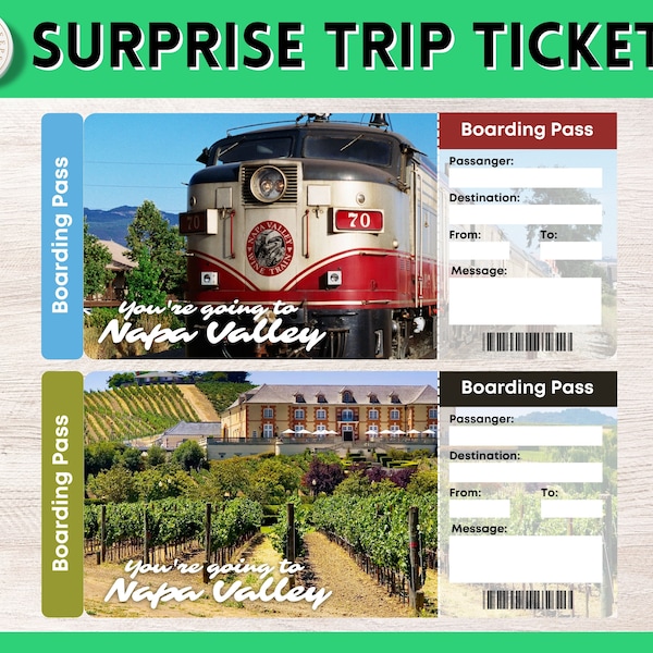 Printable Napa Valley Surprise Gift Ticket | Printable Napa Valley Boarding Pass | Editable Personalised Present Gift Instant Souvenir