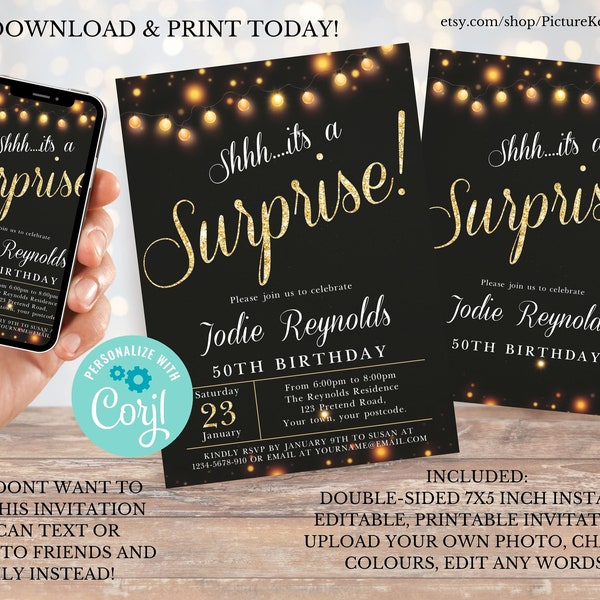 Surprise Birthday Invitation Invite Party ANY AGE Black Gold Glitter Lights Digital INSTANT download 5x7 Editable adult mens womens