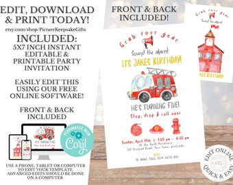 Fire Truck Birthday Invitation, Firetruck Invitation, Fireman Invitation, Fire Truck Invitation, Fire Truck Invite, Fire Engine