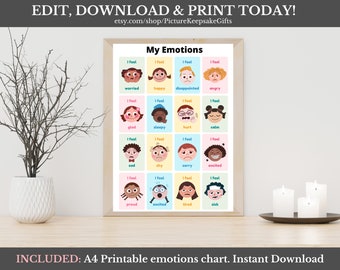 Rainbow Feelings Chart, Emotions Print, PRINTABLE Wall Art, Montessori Homeschool Decor, Rainbow Classroom Decor, DIGITAL DOWNLOAD