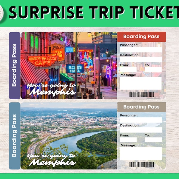 Printable Memphis Tennessee Surprise Gift Ticket | Memphis Tennessee Printable Boarding Pass | Editable Personalised Present  | Vacation