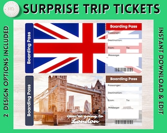 Printable LONDON Surprise Gift Ticket | LONDON Printable Boarding Pass | Editable Personalised Present Gift | LONDON Souvenir | Vacation