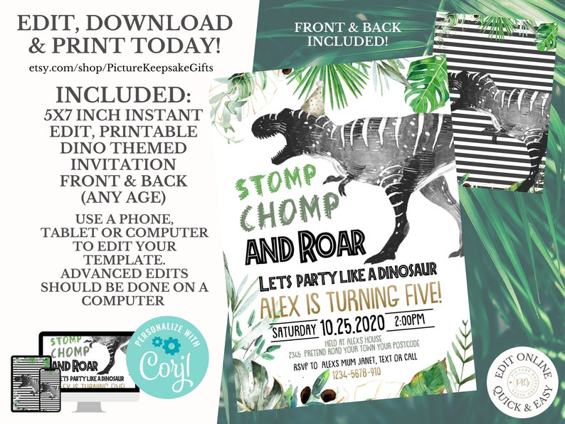 INSTANT DOWNLOAD Dinosaur Birthday Invitation Dinosaurs TRex Birthday Template Birthday Invite Stomp Chomp Roar Party