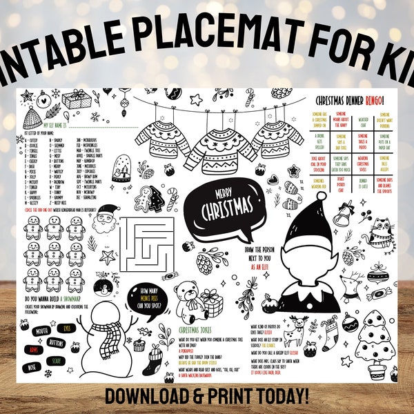 Christmas Activity Placemat. 3 Fun games to keep the kids entertained