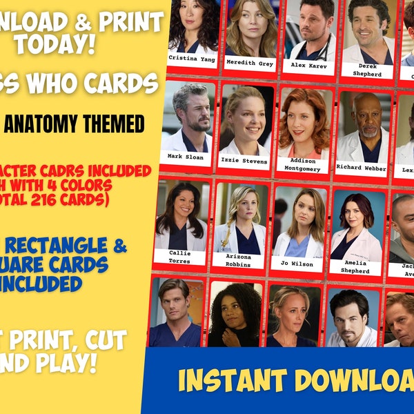 Guess Who? GREY'S ANATOMY Insert Cards • Montessori cards • Party Games Nomenclature Cards PDF Printable Cards Instant Toys Flash Cards