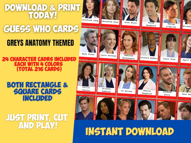 Guess Who GREY'S ANATOMY Insert Cards Montessori cards Party Games Nomenclature Cards PDF Printable Cards Instant Toys Flash Cards image 1