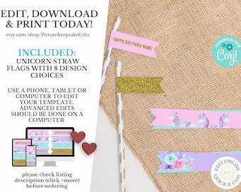 Unicorn Straw Flags, Party Package, Unicorn Printable, Unicorn Invitation, Unicorn Party Package, Unicorn Birthday Bundle, Birthday,