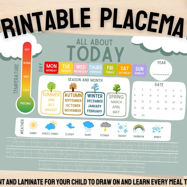 PRINTABLE Morning Board Placemat | Placemat | Kids Daily Calendar | Weather & Seasons Chart | Homeschool Materials | Wipeable Placemat |