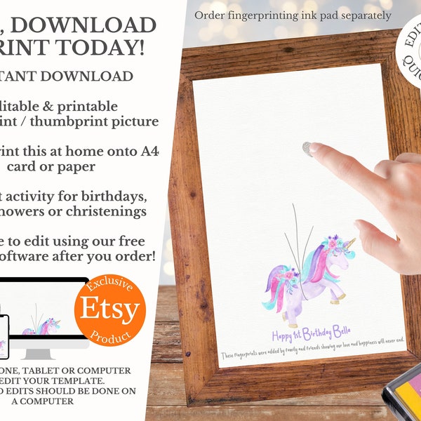 Unicorn thumbprint guestbook alternative, baby shower fingerprint guest book, unicorn birthday gift digital file printable, baby shower gift
