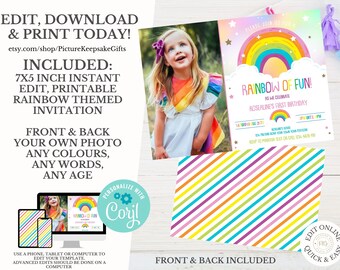 Modern Rainbow First Birthday Invitation | Editable Rainbow Invite|Printable Rainbow Birthday|Girls Birthday Invitation Template |Boho