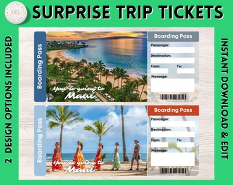 Printable MAUI Surprise Gift Ticket | MAUI Printable Boarding Pass | Editable Personalised Present | MAUI Souvenir Flight ticket