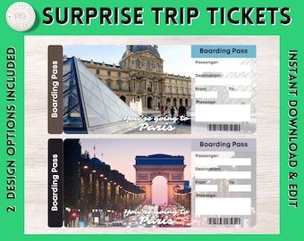 Printable PARIS Surprise Gift Ticket | PARIS Printable Boarding Pass | Editable Personalised Present | PARIS Vacation ticket | Paris Flight